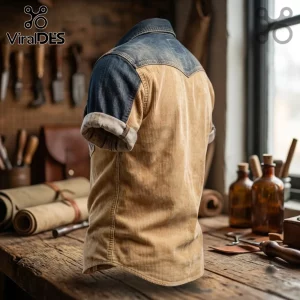 Masonic Logo Denim Patchwork Short Sleeve Shirt featuring a blue denim top and tan corduroy bottom on a workshop bench.