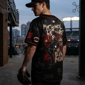 Man wearing black My Chemical Romance baseball jersey with The Black Parade skeleton graphic and red piping at a stadium.!