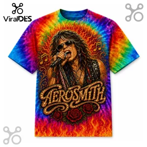 Aerosmith Steven Tyler graphic t-shirt with a rainbow tie-dye background, orange flames, and red roses at the base.!