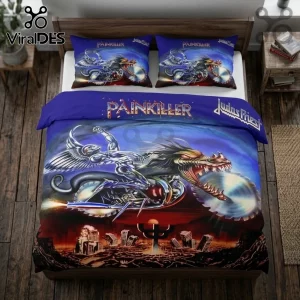 Judas Priest Painkiller bedding set with metallic cyborg artwork on blue fabric covering a wooden frame bed.!