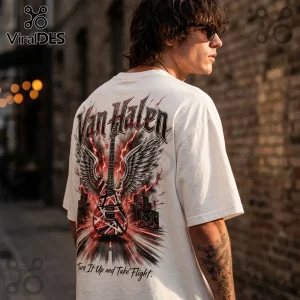 Man wearing white t-shirt with Van Halen guitar graphic, wings, red lightning, and text Turn It Up and Take Flight.!