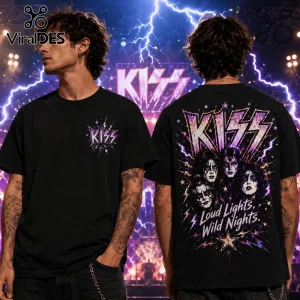 Black cotton t-shirt featuring KISS logo on front and band members with Loud Lights, Wild Nights text printed on back.!