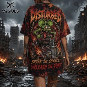 Disturbed band t-shirt featuring a green cartoon rodent driving a hot rod, red and black tie-dye cotton, text graphic.!