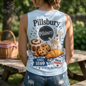 Pillsbury Doughboy Since 1869 V-Neck Tank Top featuring a graphic of the character, a cinnamon roll, cookies, and croissant.