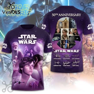 Star Wars A New Hope 50th anniversary purple T-shirt with character collage and actor autographs on the back.!