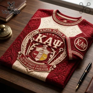 Kappa Alpha Psi crimson and cream t-shirt with embossed fraternity crest, Greek letters, and scrollwork on wooden desk.!