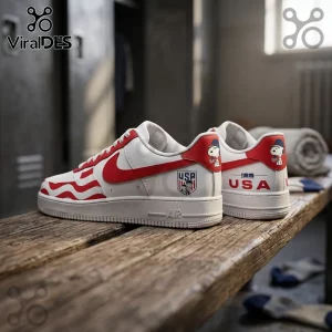 Custom white leather sneakers with red American flag wave pattern, Snoopy decals, and USA branding on wooden locker bench.!