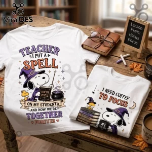 Snoopy Hocus Pocus Teacher Coffee White T-Shirt designs featuring Snoopy in a witch hat with magic wands and text graphics.