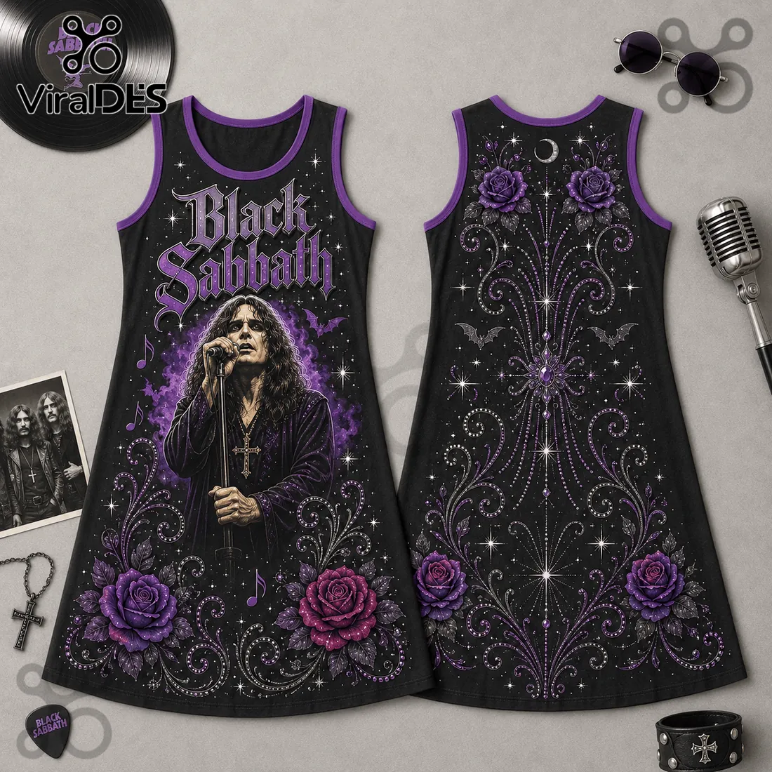 Black Sabbath Ozzy Osbourne Purple Rose Sleeveless Dress Black Sabbath Ozzy Osbourne Purple Rose Sleeveless Dress