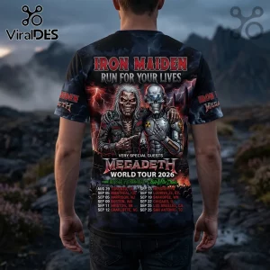 Iron Maiden and Megadeth 2026 world tour graphic t-shirt with Eddie and cyborg mascot on a black background.!