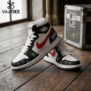 Custom high-top sneakers in white, black, and red featuring My Chemical Romance text, signatures, and a wing logo.!