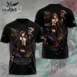Black T-shirt featuring Tifa Lockhart from Final Fantasy VII with cherry blossoms and the Seventh Heaven bar sign.!