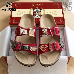 Red Kappa Alpha Psi themed sandals with gold and enamel fraternity pins in a custom presentation box.!