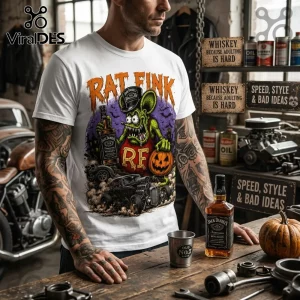 Rat Fink Drink Up Troublemakers Halloween T-Shirt featuring a green rodent character, whiskey bottle, and hot rod car.