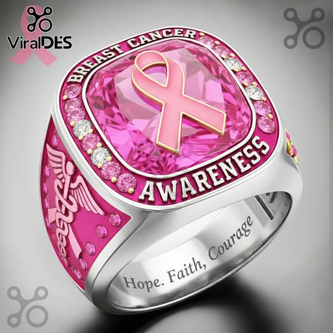 Breast Cancer Awareness Pink Crystal Stainless Steel Ring Breast Cancer Awareness Pink Crystal Stainless Steel Ring