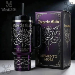 Depeche Mode Enjoy The Silence purple handle tumbler with crown rose emblem, black straw, and matching gift box display.