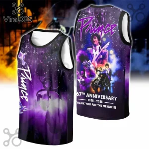Prince 67th Anniversary purple tank top featuring concert imagery, guitar, motorcycle, and memorial text on dark background.