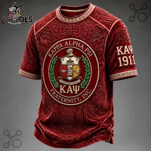 Kappa Alpha Psi crimson velour t-shirt with embossed fraternity crest, gold trim, and 1911 Greek lettering details.!