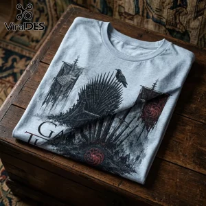 Light grey cotton t-shirt featuring the Iron Throne, a black raven, and House Stark and Targaryen banners print.!