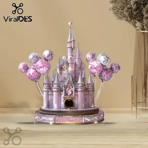Personalized Magical Castle LED Light Sculpture with purple turrets, glittery accents, and personalized balloon decor.