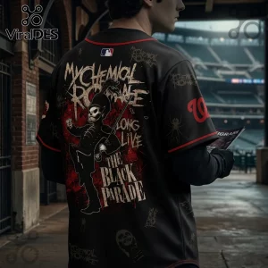 Black My Chemical Romance baseball jersey featuring The Black Parade marching skeleton graphic and red piping details.!