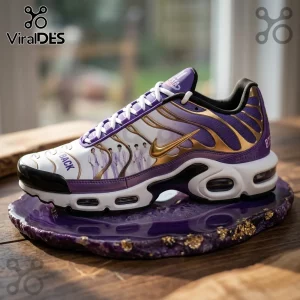 BTS x ARMY Purple Air Cushion Air Max Sport Shoes featuring white panels, purple accents, gold detailing, and group photo.