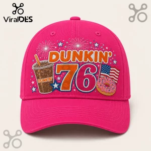 Dunkin Donuts 76th Anniversary pink baseball cap featuring iced coffee, a donut, stars, and American flag graphics.