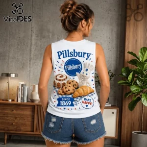 Pillsbury Doughboy Since 1869 V-Neck Tank Top featuring a graphic of the mascot, cookies, and text on a white fabric.