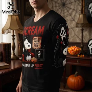 Snoopy x Scream Halloween Black T-Shirt 2026 features Snoopy in a ghost mask watching TV with a horror movie theme.