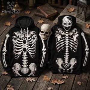 Art The Clown Horror Skeleton Black Hoodie with a white bone ribcage design on a dark background.