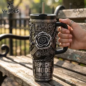 Depeche Mode Violator 40oz Handle Tumbler featuring a metallic rose, gear motifs, and industrial chain aesthetic.