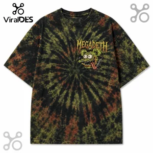 Megadeth band t-shirt with black, olive green, and rust orange tie-dye pattern and Vic Rattlehead chest graphic.!