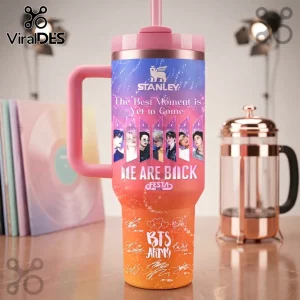BTS 2025 Festa Stainless Steel Handle Tumbler featuring pink and orange gradient, member photos, and signature graphics.