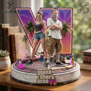 Grand Theft Auto VI statue featuring two characters standing on a circular marble base with a purple palm tree background.!