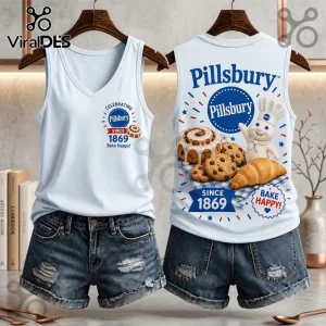 Pillsbury Doughboy Since 1869 V-Neck Tank Top featuring a front chest logo and a large back graphic of baked pastries.