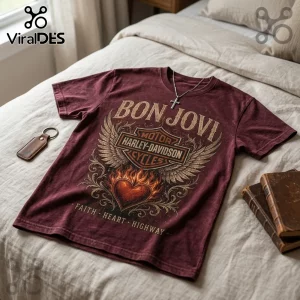 Maroon mineral wash t-shirt featuring Bon Jovi and Harley-Davidson graphic with a flaming heart on a textured bedspread.!