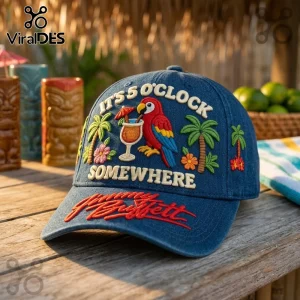 Jimmy Buffett It Is 5 OClock Somewhere baseball cap with denim fabric, embroidered parrot, tropical palm trees, and drink.