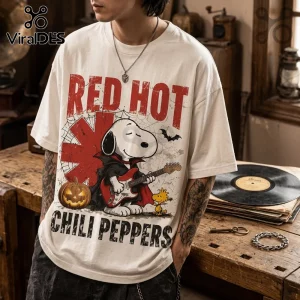 Red Hot Chili Peppers Snoopy Vampire Halloween T-Shirt featuring Snoopy with a guitar, a pumpkin, and red logo graphic.