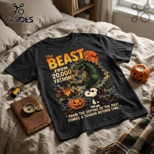 Snoopy Beast From 20,000 Fathoms Halloween 3D Shirt NTH1 featuring a giant monster, Snoopy in a cape, and text on black.