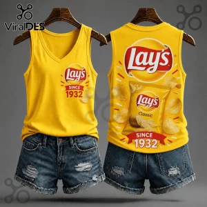 Lays Classic Potato Chips V-Neck Tank Top in yellow with red logo and snack bag graphic on front and back.