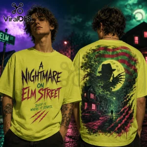 Neon yellow cotton t-shirt with A Nightmare on Elm Street text on chest and Freddy Krueger horror graphic on back.!