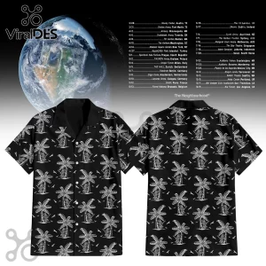 Black button-up shirt with white palm tree and figure pattern, displayed with a world globe and tour date list background.!