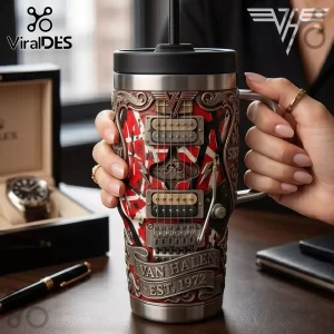 Van Halen Frankenstrat 40oz handle tumbler with red, white, and black striped guitar body design and metallic hardware.