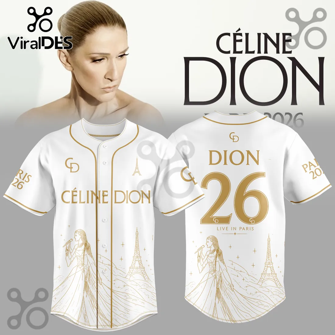 Celine Dion Live in Paris 2026 White Gold Baseball Jersey Celine Dion Live in Paris 2026 White Gold Baseball Jersey