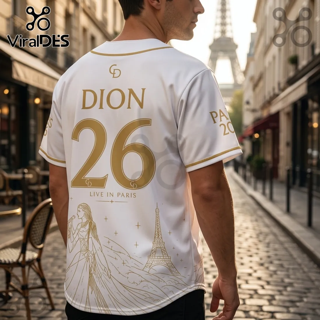 Celine Dion Live in Paris 2026 White Gold Baseball Jersey Celine Dion Live in Paris 2026 White Gold Baseball Jersey