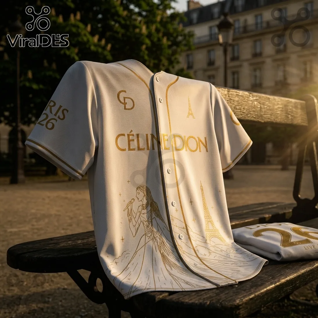 Celine Dion Live in Paris 2026 White Gold Baseball Jersey Celine Dion Live in Paris 2026 White Gold Baseball Jersey