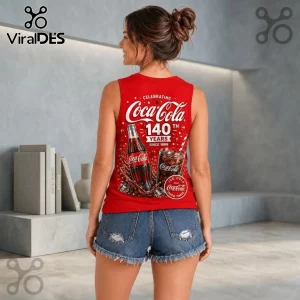 Coca Cola 140th Anniversary V-Neck Tank Top in bright red featuring a vintage soda bottle graphic on the back.