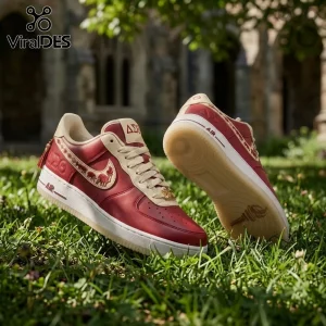 Delta Sigma Theta custom leather sneakers in crimson and cream with Greek lettering, a gold lace charm, and rubber soles.!