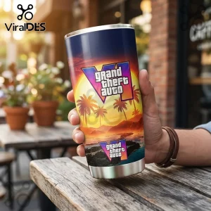 Grand Theft Auto VI logo printed on a stainless steel travel tumbler with a sunset beach and palm tree graphic.!