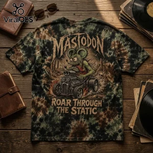 Tie-dye t-shirt featuring a cartoon monster driving a hot rod with the text Mastodon and Roar Through The Static.!
